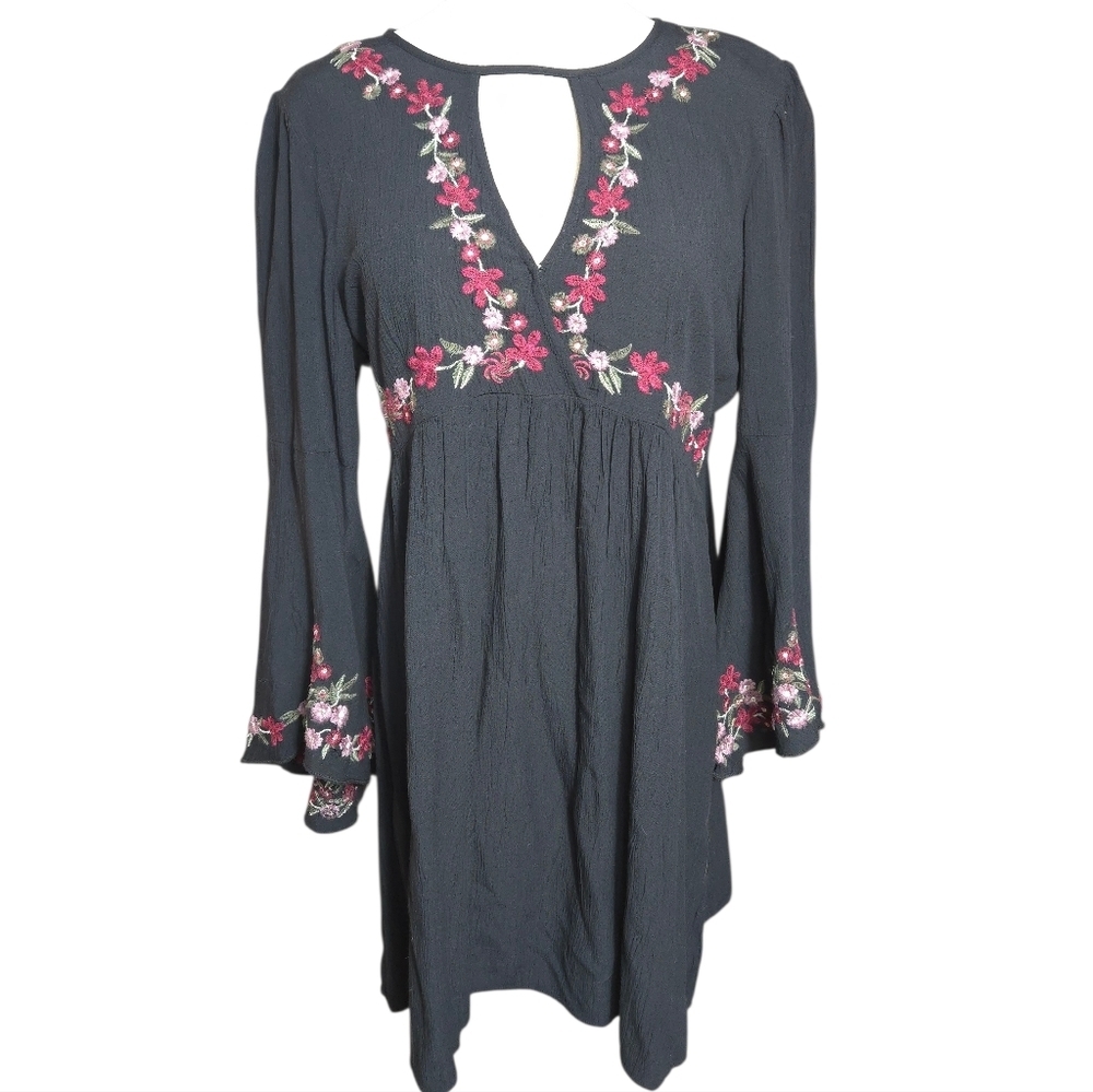 American Eagle Outfitters Black Embroudered Bell Sleeve Mini Dress